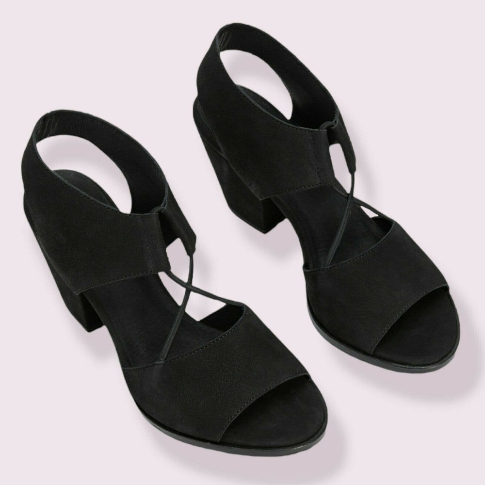 Eileen Fisher Doe Tumbled Nubuck Sandal Black Suede Block Heel Size 8.5